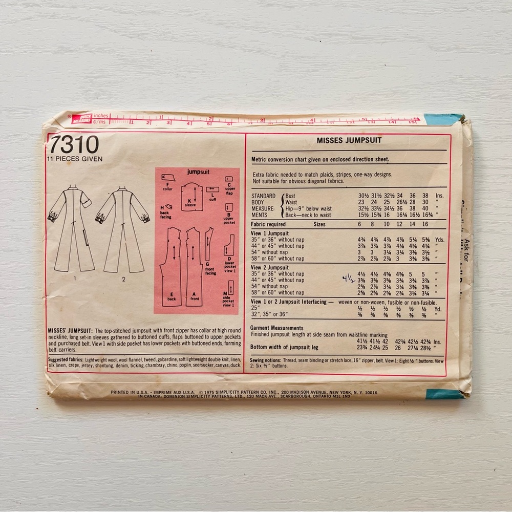 70s Jumpsuit Sewing Pattern Simplicity 7310 Vintage Size 10/12 - Picture 3 of 5